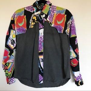 Mine & Bill’s Outfitters Vintage Button Up Shirt Size Small Colorful Art To Wear